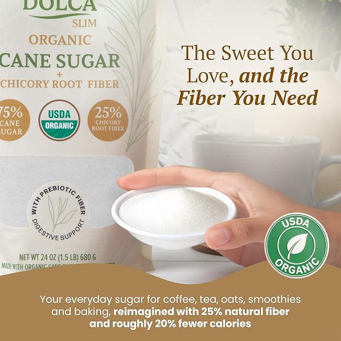 Organic Cane Sugar with Prebiotic Fiber – Dolca Slim – 25% Less Sugar, Same Taste & Texture – Sweetness for Coffee, Tea & Baking – Bakes, Browns & Measures 1:1 – No Artificial Sweeteners