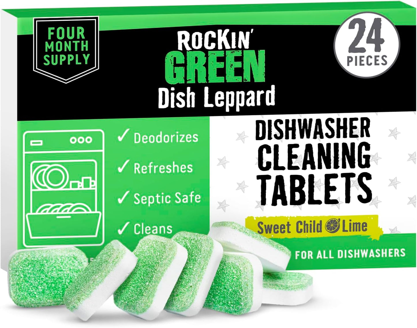 Rockin' Green Dishwasher Cleaner Tablets (24 Pack) - Septic Safe Dishwasher Cleaning Tablets Dishwas