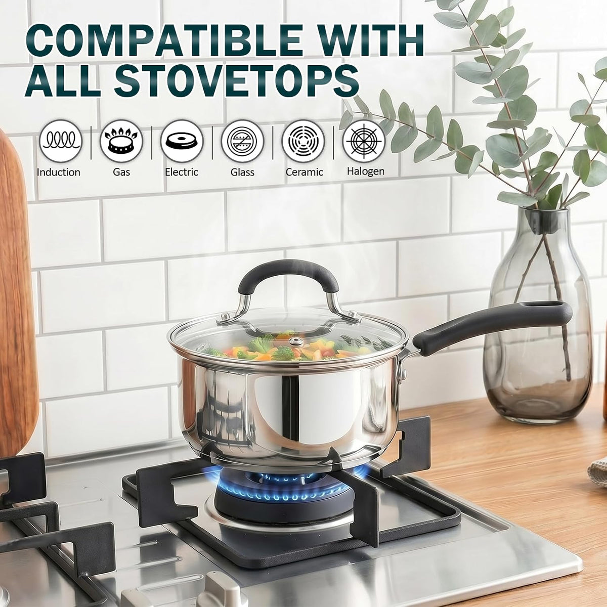 Cook N Home Saucepan Sauce Pot with Lid 1 Quart Stainless Steel , Stay Cool Handle, silver