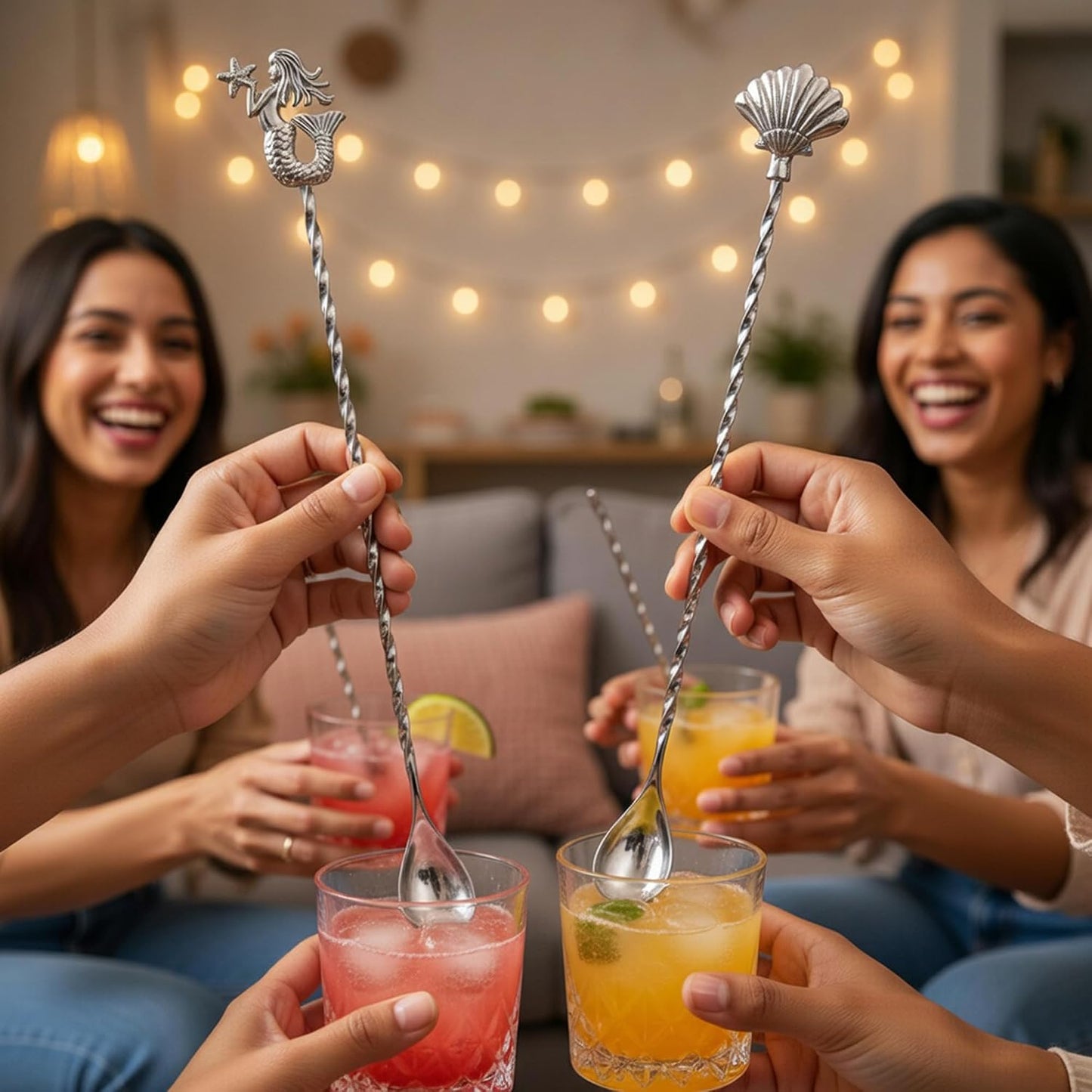 Homestia 12 Inch Bar Spoon, 2 Pcs Cocktail Spoon wIth Mermaid Shell Decor | Dirty Soda Bar Supplies, Stainless Steel Coffee Bar Use, Mixing &amp; Layering Drink Stirrer, Long Spoon for Bartending Stirring