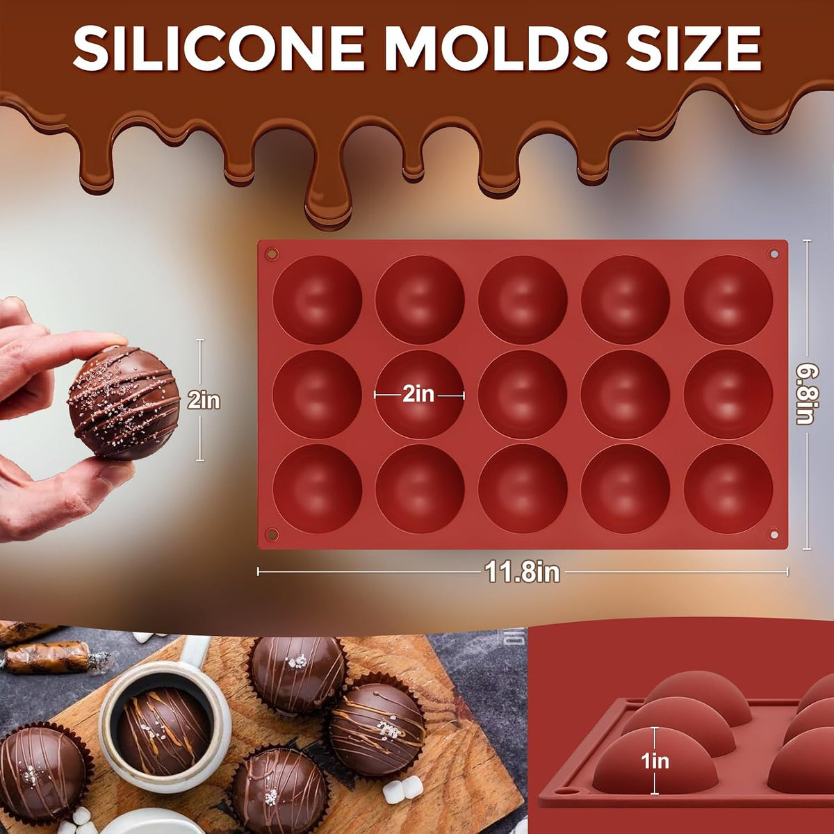 Medium 15-Cavity Semi Sphere Silicone Molds Non-Stick,2 Packs 2"Half Sphere Silicone Baking Molds for Making Jelly, Cake, Chocolates Bombs