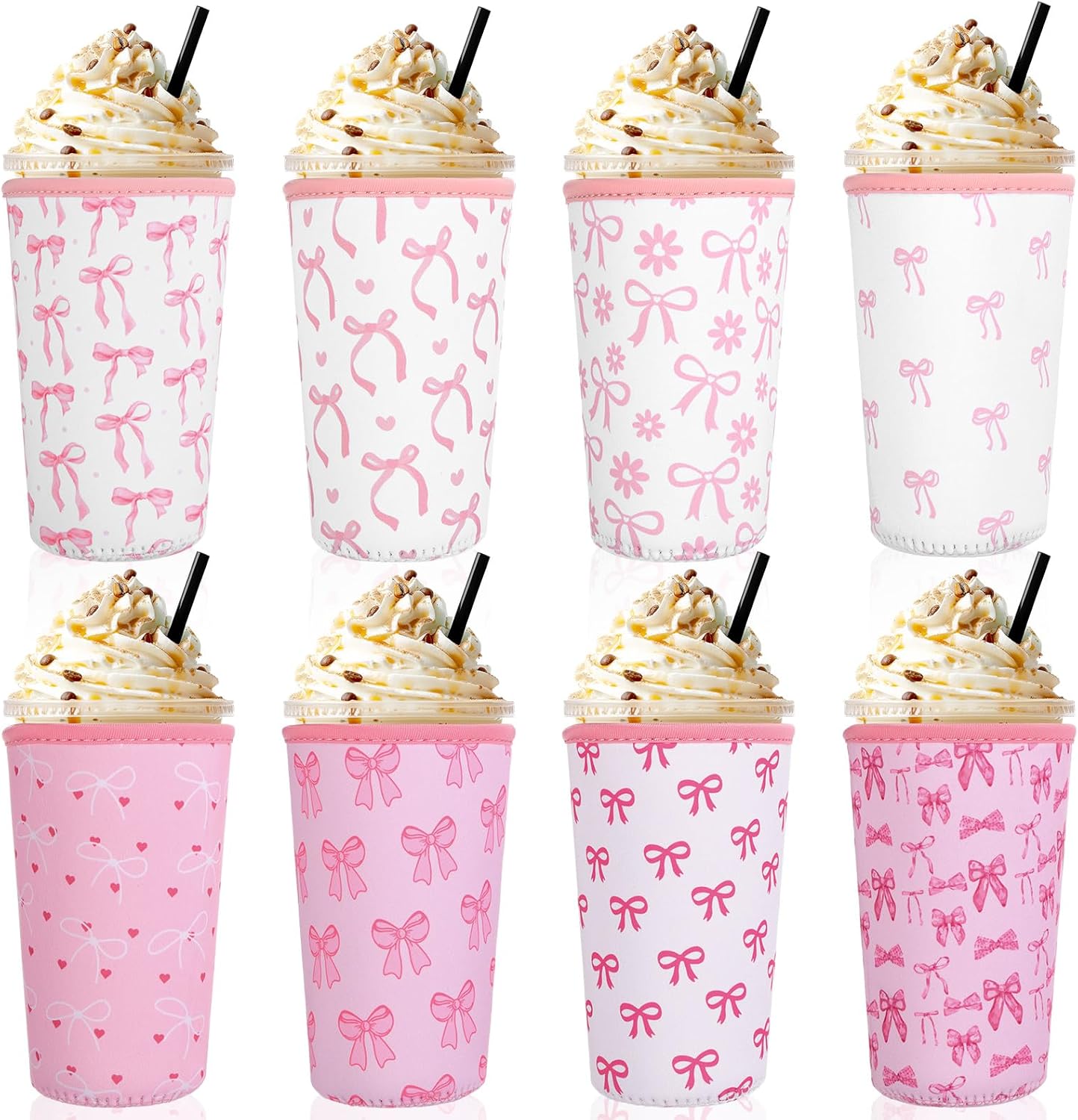 Silifine 8 Pcs Pink Bow Iced Coffee Sleeve Reusable Neoprene Insulatord Cup Sleeve Coquette Bow Reusable Coffee Insulator Sleeves Holder for Cold Beverages Cups Cold and Hot Drinks, 22-24 oz