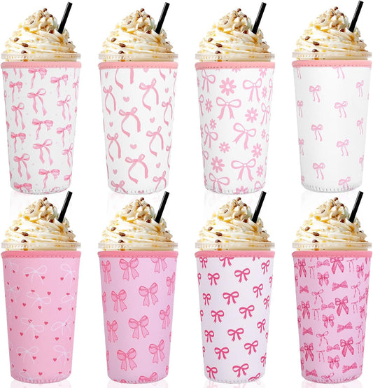 Silifine 8 Pcs Pink Bow Iced Coffee Sleeve Reusable Neoprene Insulatord Cup Sleeve Coquette Bow Reusable Coffee Insulator Sleeves Holder for Cold Beverages Cups Cold and Hot Drinks, 22-24 oz