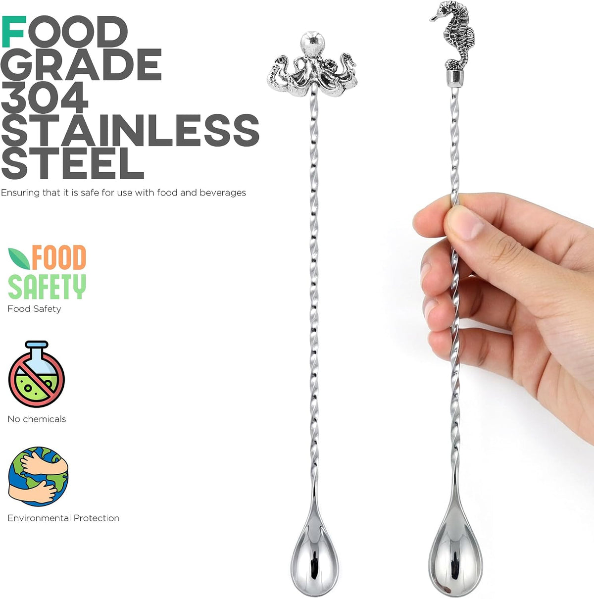 Homestia 12'' Bar Spoon, 2 Pcs Cocktail Spoon with Octopus Seahorse Decor | Dirty Soda Bar Supplies, Stainless Steel Coffee Bar Use, Mixing &amp; Layering Drink Stirrer, Long Spoon for Bartending Stirring