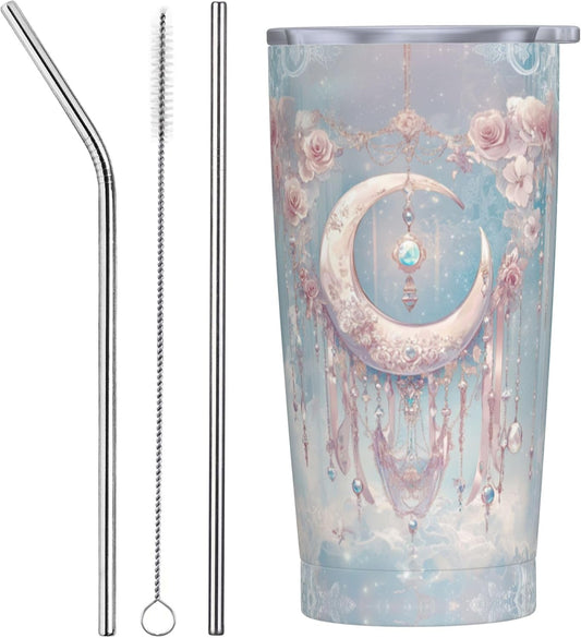 Moon Tumbler with Lid and Straw 20oz Coffee Tumblers Leakproof Stainless Steel Travel Mug Vacuum Insulated Cup for Iced and