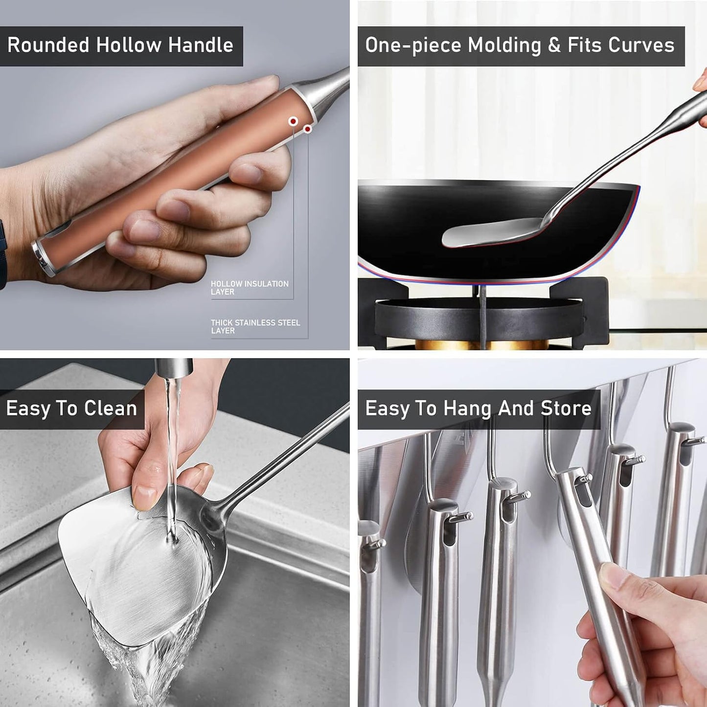 18/10 Stainless Steel Cooking Tools Set - 11PCS All Metal Kitchen Utensils | Round Handle Utensils - 2 Tongs, Fork, Solid Slotted Spoon, Spatula, Soup Ladle, Skimmer, Turner, Spaghetti, Large Spoon