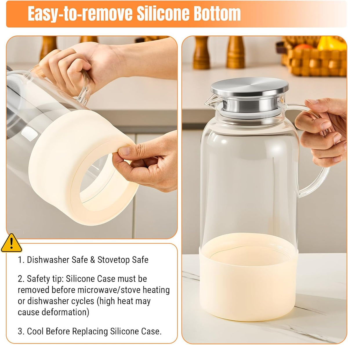 PARACITY Glass Pitcher with Lid, 61 oz Glass Water Pitcher, Off-White Base | Glass carafe with lid; silicone base for hot or cold coffee, lemonade and milk, serves as a juice pitcher or water jug