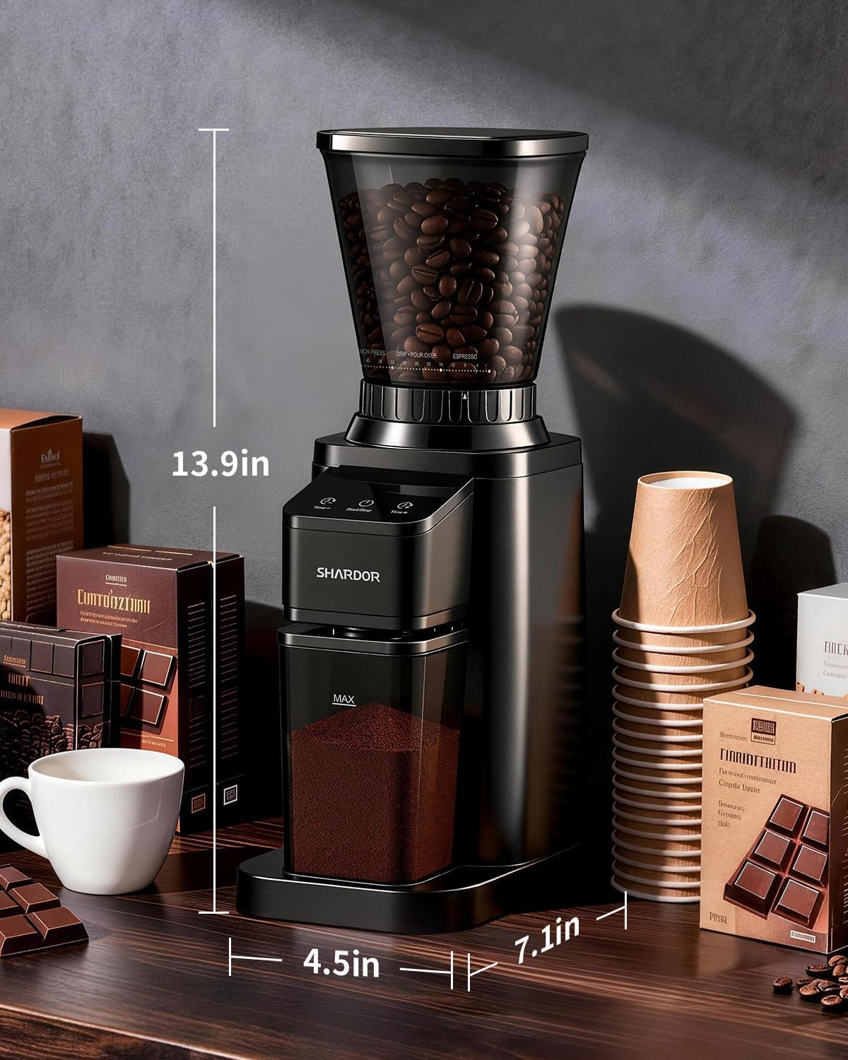 SHARDOR Conical Burr Coffee Bean Grinder, Anti-Static, 48 Settings, Black | Electric Grinding for Home Use, LCD Touchscreen, Precision Timer, Detachable Parts, Low Speed, 150W Motor, 9.7 oz Hopper