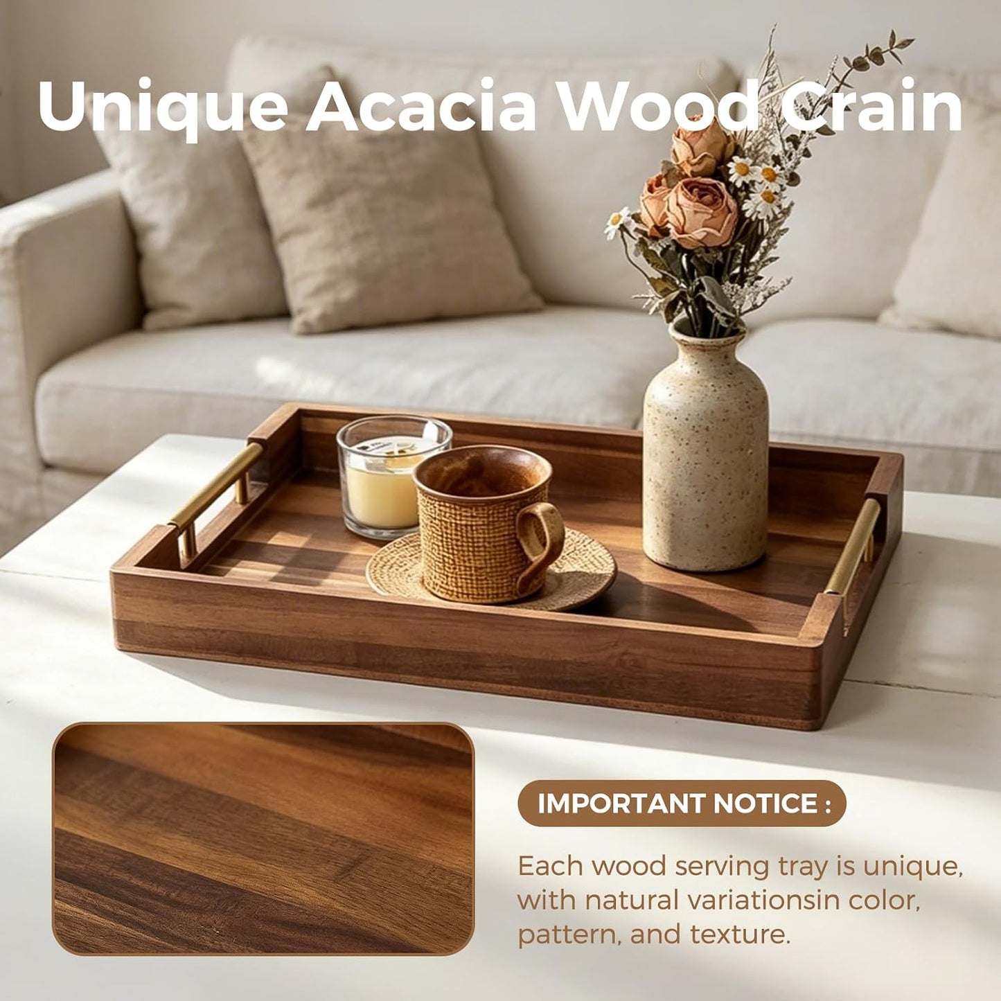 Acacia Wood Serving Tray with Golden Handles, 17" Wooden Tray for Ottoman | Large Wooden Tray for Ottoman, Coffee Table, Breakfast in Bed, Bar, Rectangular Decorative Tray for Modern Farmhouse Decor