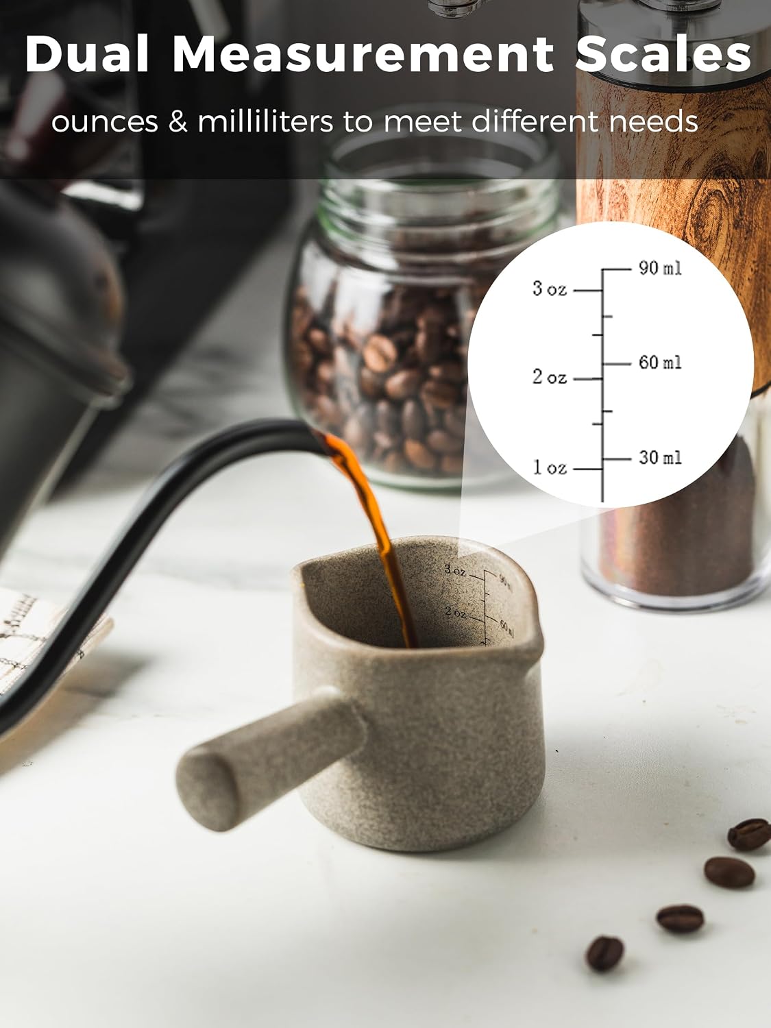 Espresso Cup 3 OZ, Ceramic Espresso Measuring Cup, Double Spouts | Espresso Shot Cup with Handle, Espresso Accessories, Dual Measurement Scale, Cute Espresso Pour Cup, Gray