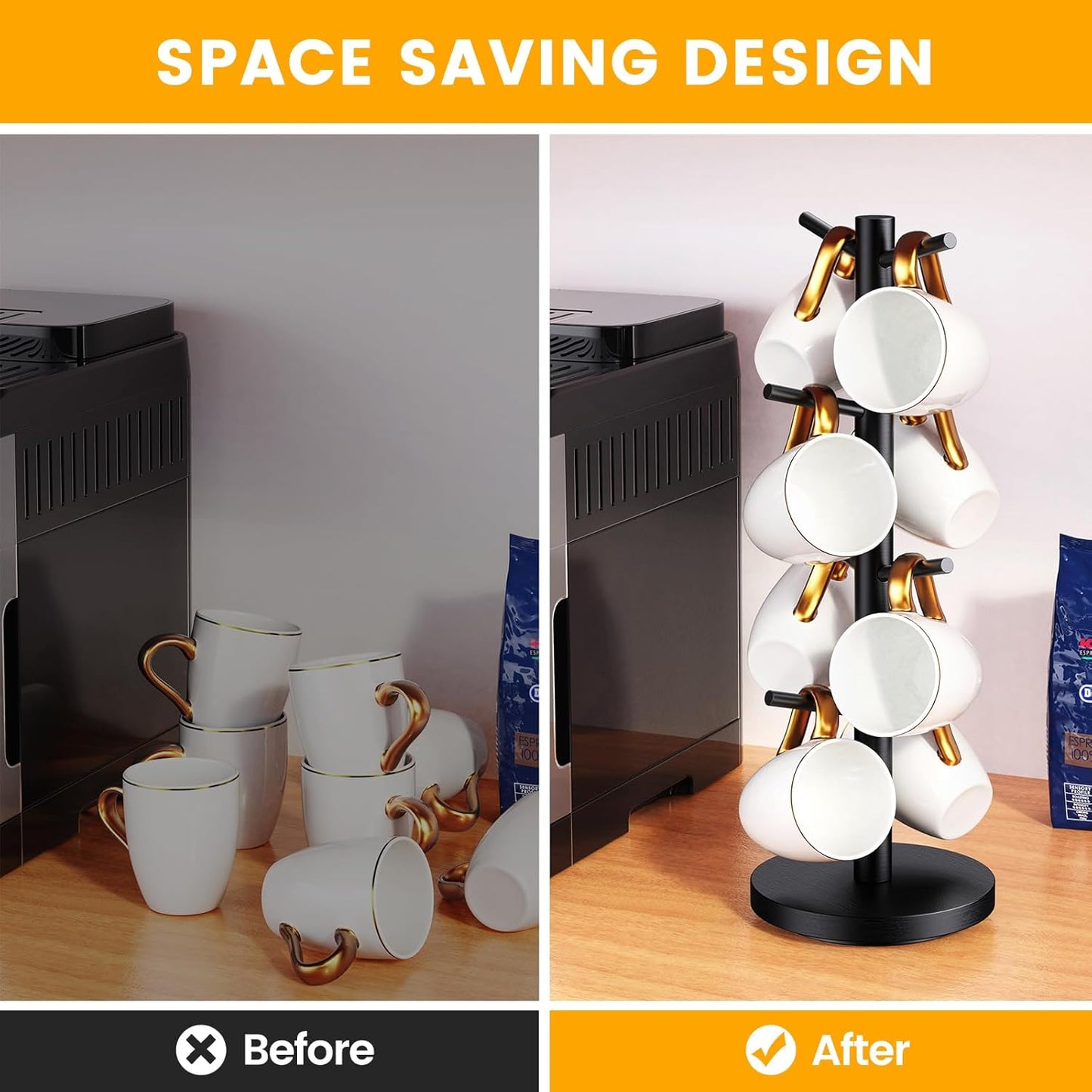 Coffee Mug Holder Tree, Upgraded 360° Rotated Coffee Cup Holder for Counter, Wood Coffee Mug Tree, Coffee Mug Rack with 8