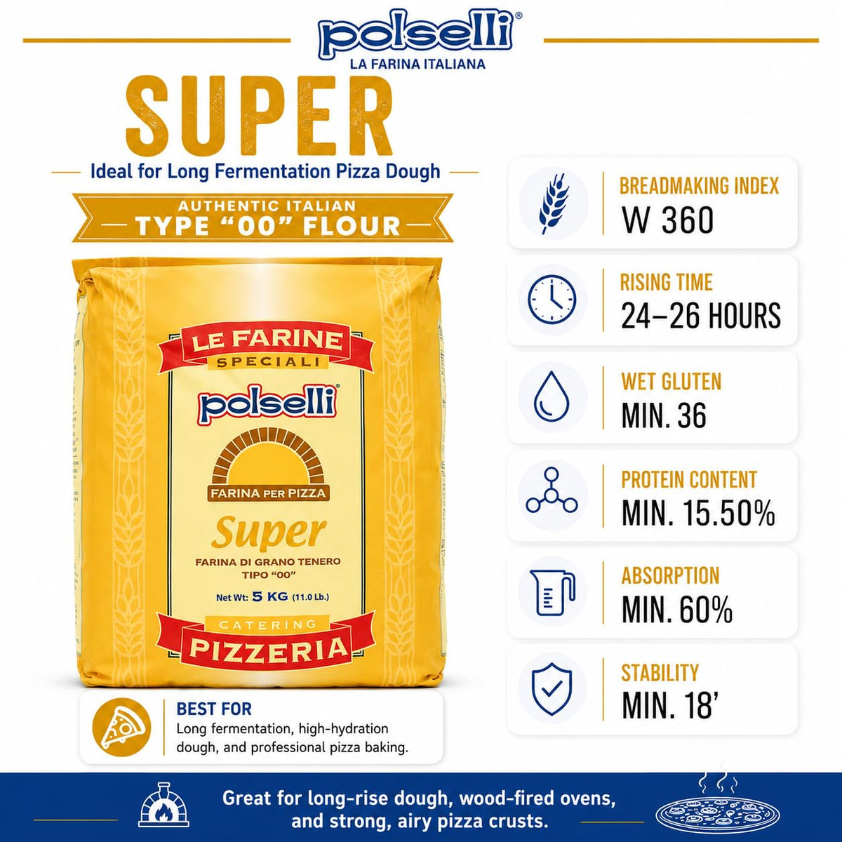 POLSELLI Super, Type 00, Double Zero, Roman Style Pizza Flour, 5 kg (11 lb)