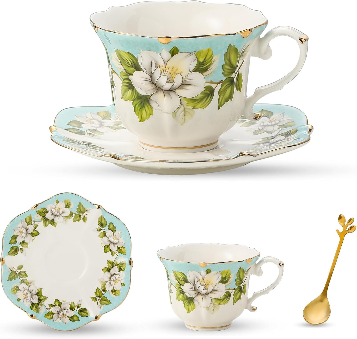 TATSUMI Country Roses Bone China Tea Cup and Saucer Set, 3 Pieces, Vintage Style, For Women and Tea Parties(Light Green, 1 set)