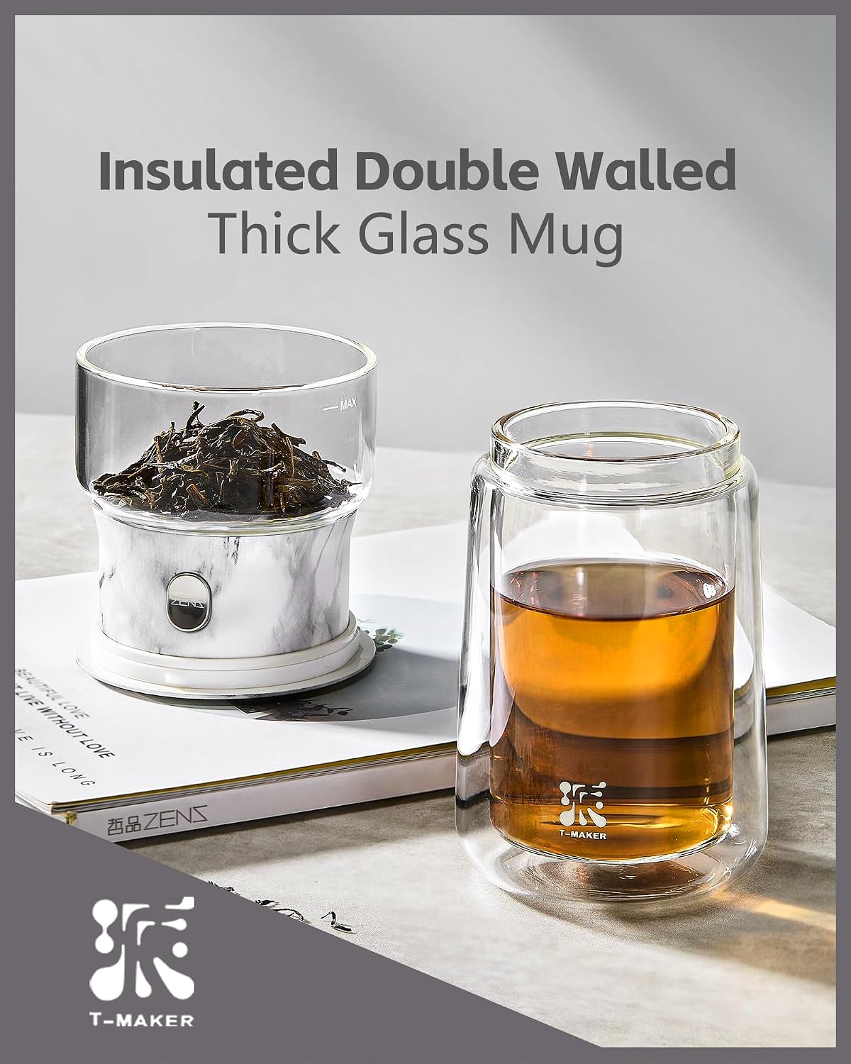 ZENS Modern One Touch Tea Maker, Glass Tea Infuser Pot for Loose Leaf Tea | Magic Teapot, Modern Tea Diffusers with 9oz Insulated Mug and Portable Bag for Tea Lovers Gifts, Marble