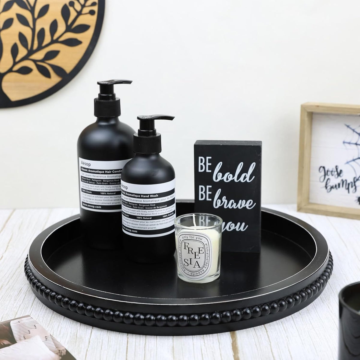Black Round Wood Decorative Ottoman Tray for Coffee Table Kitchen Counter, Living Room, Handcrafted Wooden Serving Tray for Table Centerpiece