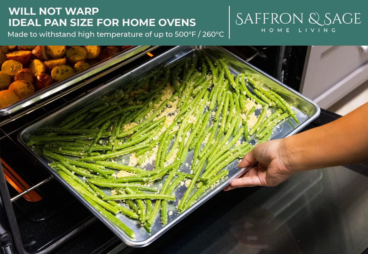 Commercial Quality Cookie Sheet Pan - 2 Pack Aluminum Half Sheet Baking Pan by Saffron &amp; Sage Home Living - This 18x13 Rimmed Baking Sheet Set is Rust &amp; Warp Resistant, Heavy Duty, of Thick Gauge