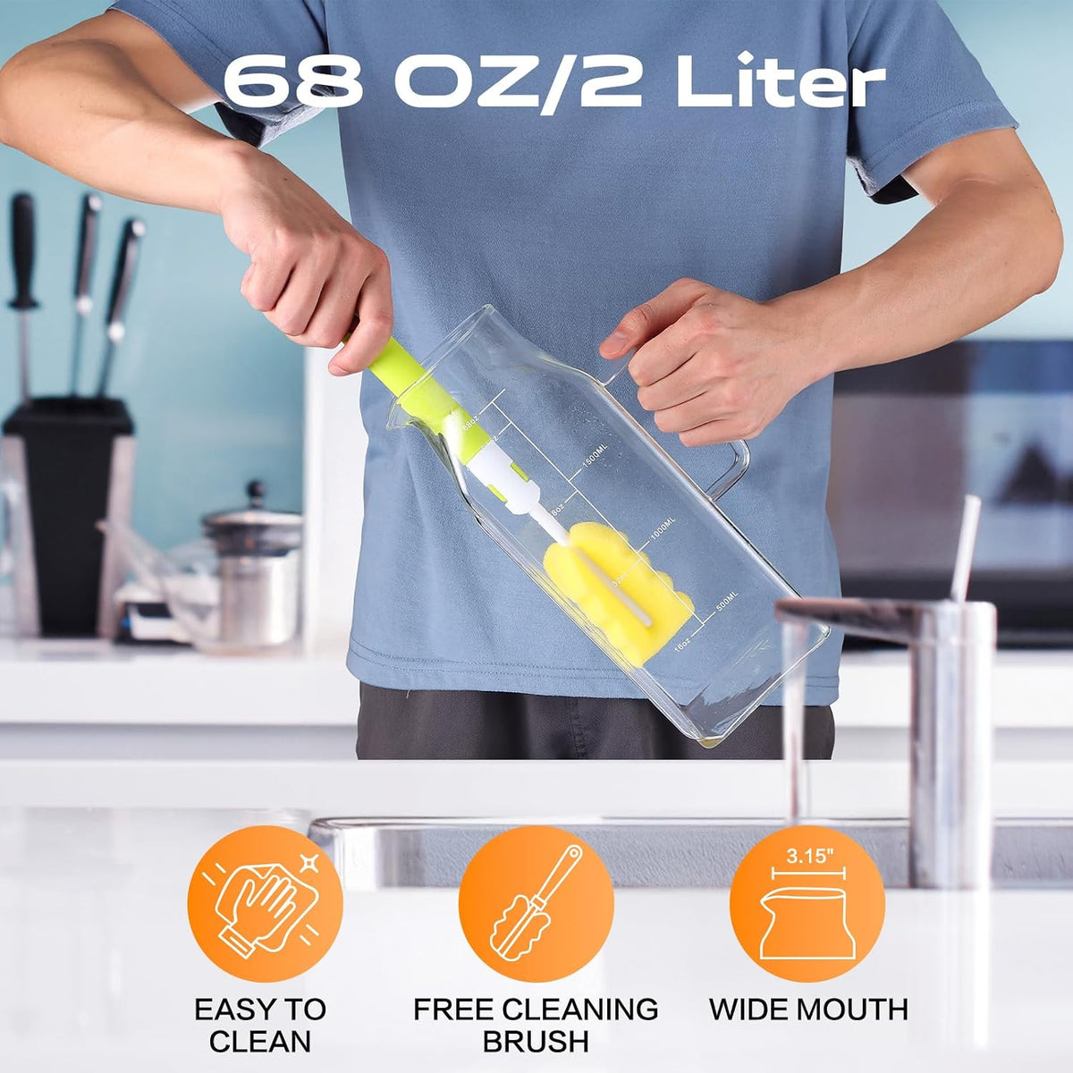 Aofmee 68oz Glass Pitcher with Lid and Handle for Fridge, Clear 2pc | Iced Tea Pitcher for Fridge, Borosilicate Glass Carafe, Sun Tea Jar, Dual Pour Stainless Lid, Dishwasher Safe
