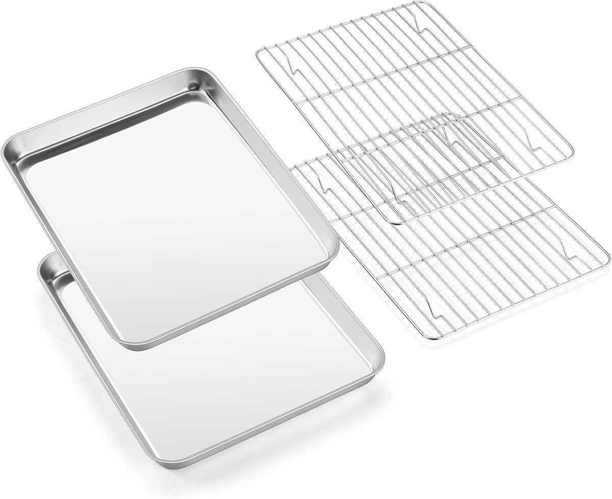 E-far Baking Sheet with Wire Rack (2 Pans + 2 Racks), Stainless Steel Cookie Sheets Pan &amp; Cooling Rack for Baking Cookies Cake, Non Toxic &amp; Heavy Duty, Oven &amp; Dishwasher Safe, 12.4 x 9.7 x 1 Inch