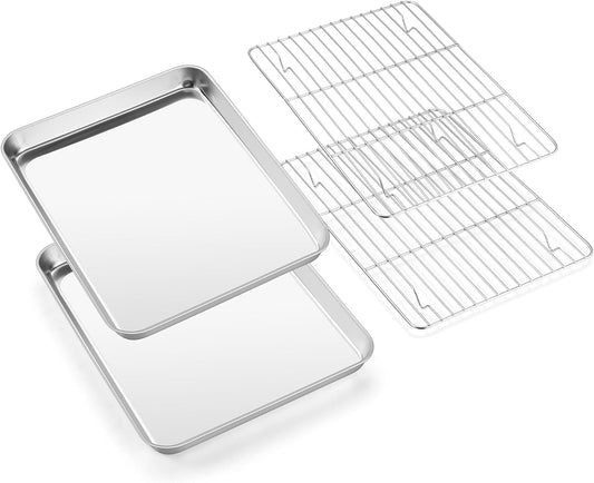 E-far Baking Sheet with Wire Rack (2 Pans + 2 Racks), Stainless Steel Cookie Sheets Pan &amp; Cooling Rack for Baking Cookies Cake, Non Toxic &amp; Heavy Duty, Oven &amp; Dishwasher Safe, 12.4 x 9.7 x 1 Inch