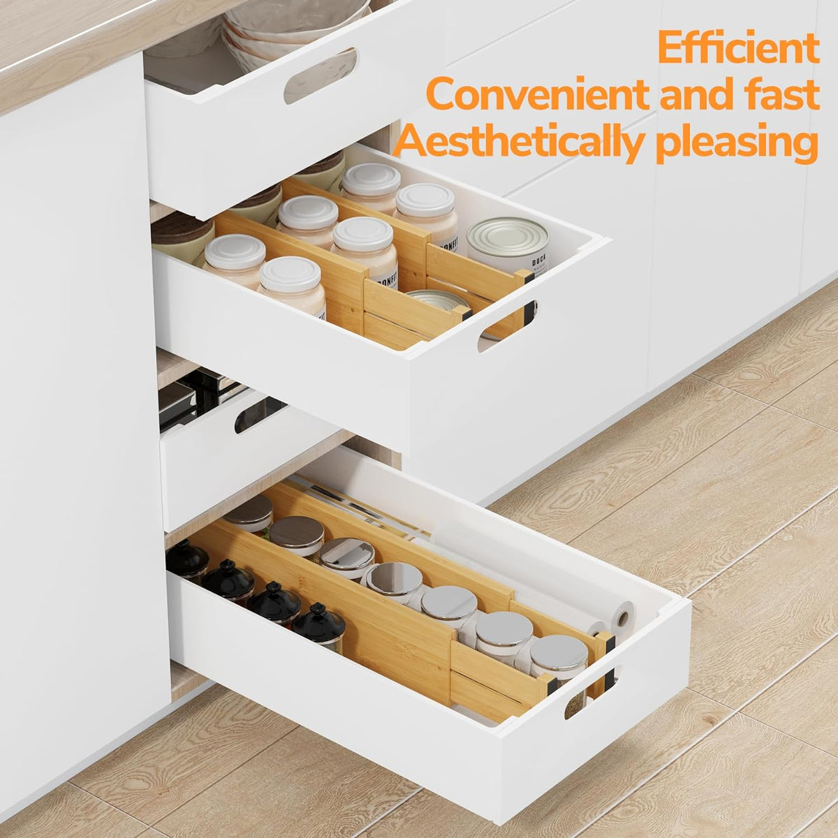 BAMEOS Bamboo Expandable Drawer Dividers – Fits 16.65"–22" Drawers, 4" Extra Deep Walls, Set of 4 | Maximum-Height Spring-Loaded Organizer for Deep Kitchen, Bathroom &amp; Dresser Drawers