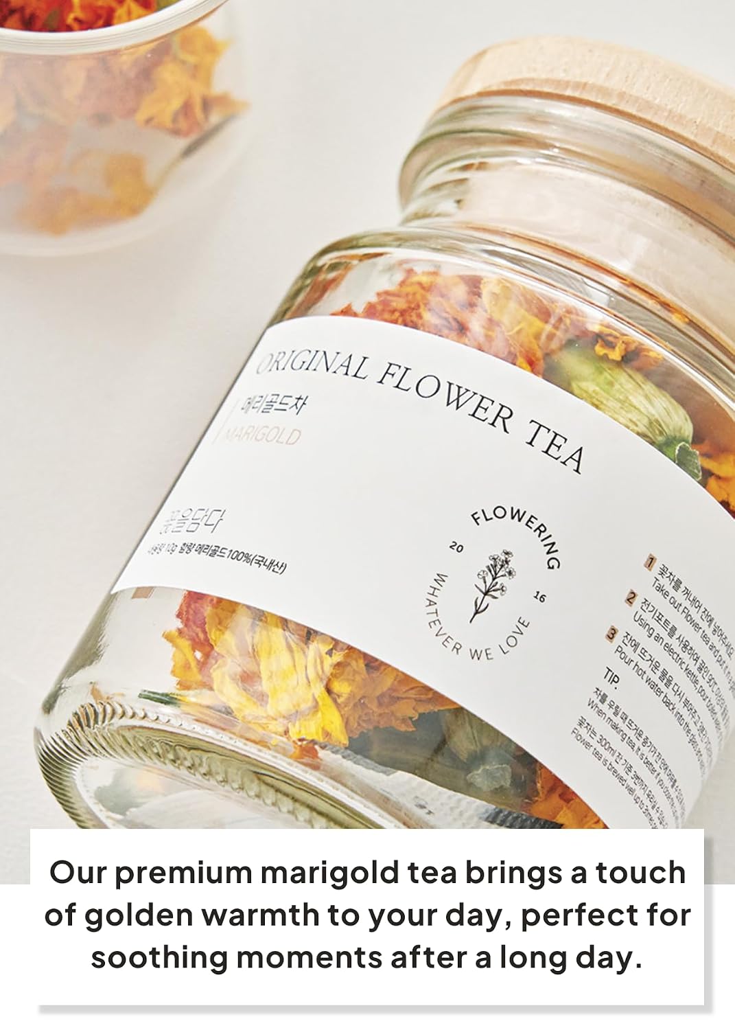 Korean Food KKOKDAM Marigold Flower Tea, Decaf Floral Blend Sugar Free, 10g | Natural marigold flower tea with no caffeine, sugar free, zero calories, and made with whole flowers in Korea.