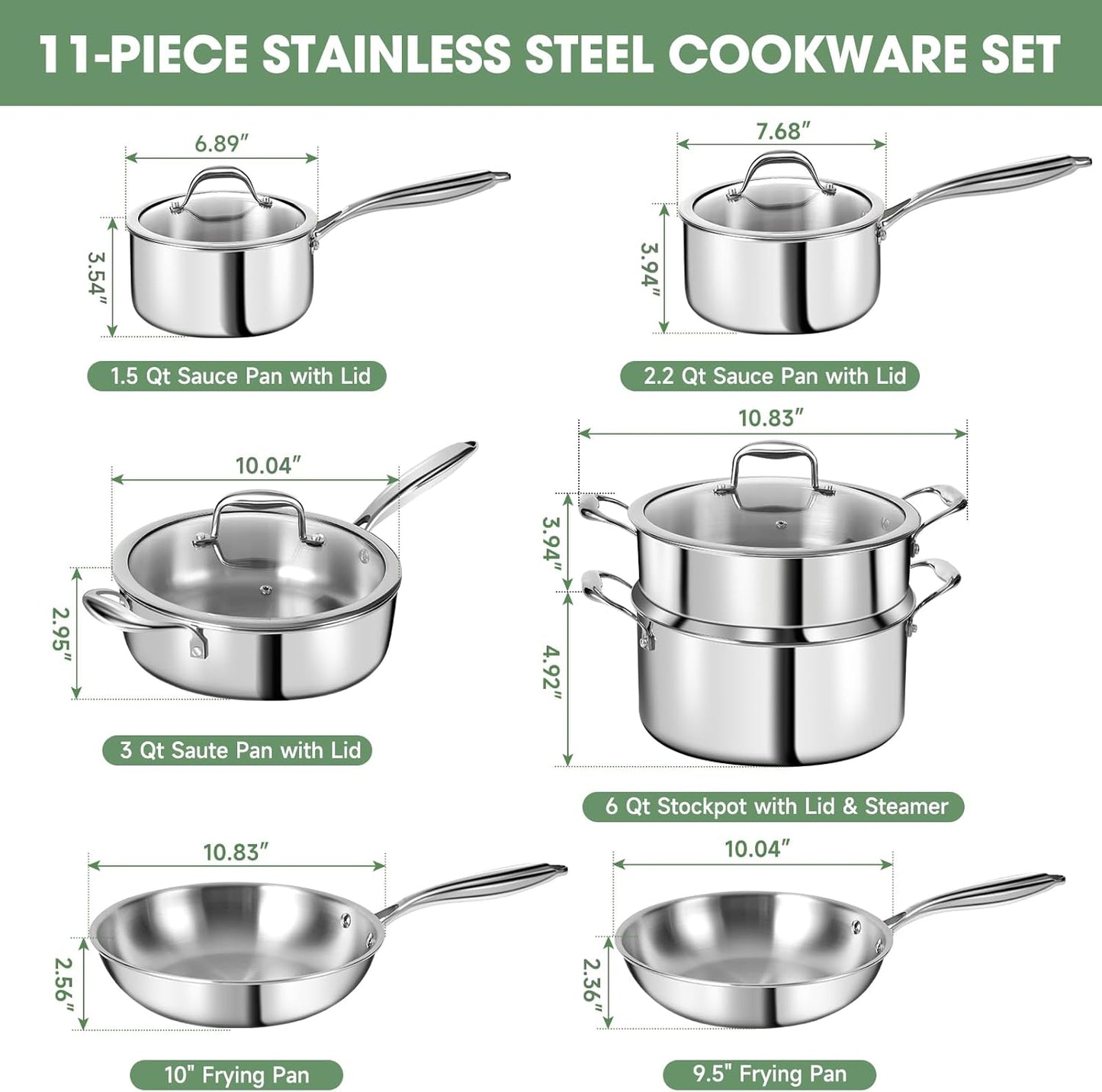 3 Ply Stainless Steel 11-Piece Cookware Set with Lids, Pots and Pans Kitchen Set, Non-Toxic, Induction, Oven, Dishwasher