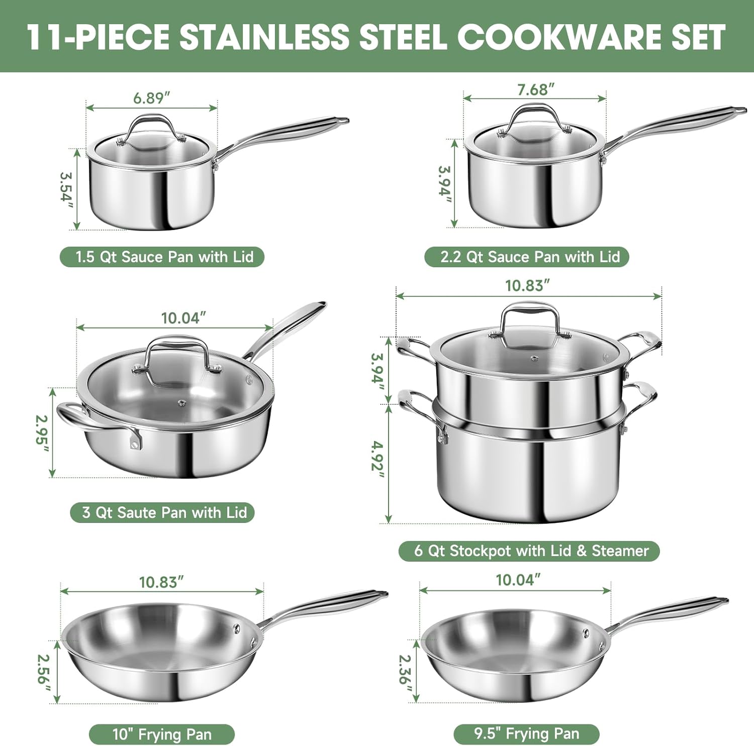 3 Ply Stainless Steel 11-Piece Cookware Set with Lids, Pots and Pans Kitchen Set, Non-Toxic, Induction, Oven, Dishwasher