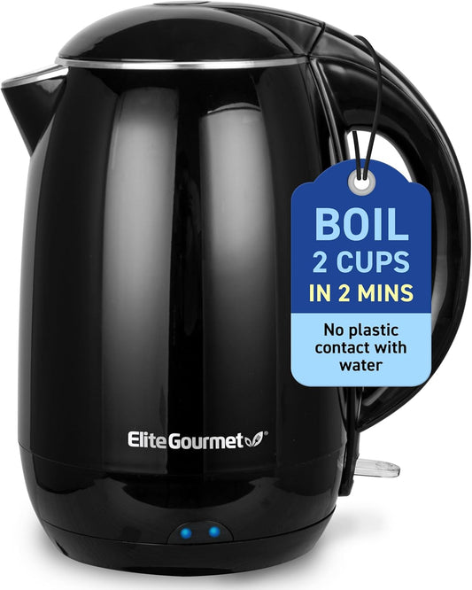 Elite Gourmet EKT1821 1.8L Double Wall Insulated, Cool-Touch 1500W Kettle w/Stainless Steel Interior & Lid, 360° Swivel Base