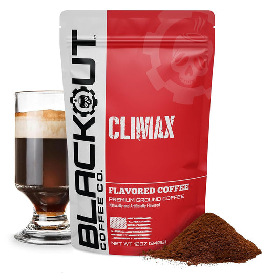 Blackout Coffee Climax Amaretto, Irish Cream &amp; Kahlua Flavored Ground Coffee – Medium Roast, Smooth Taste, Guilt-Free Indulgence – Freshly Roasted 12oz Bag.