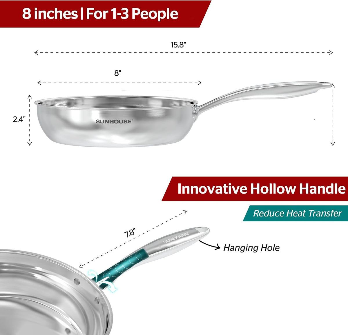 Sunhouse 8 Inch Stainless Steel Frying Pan Skillet