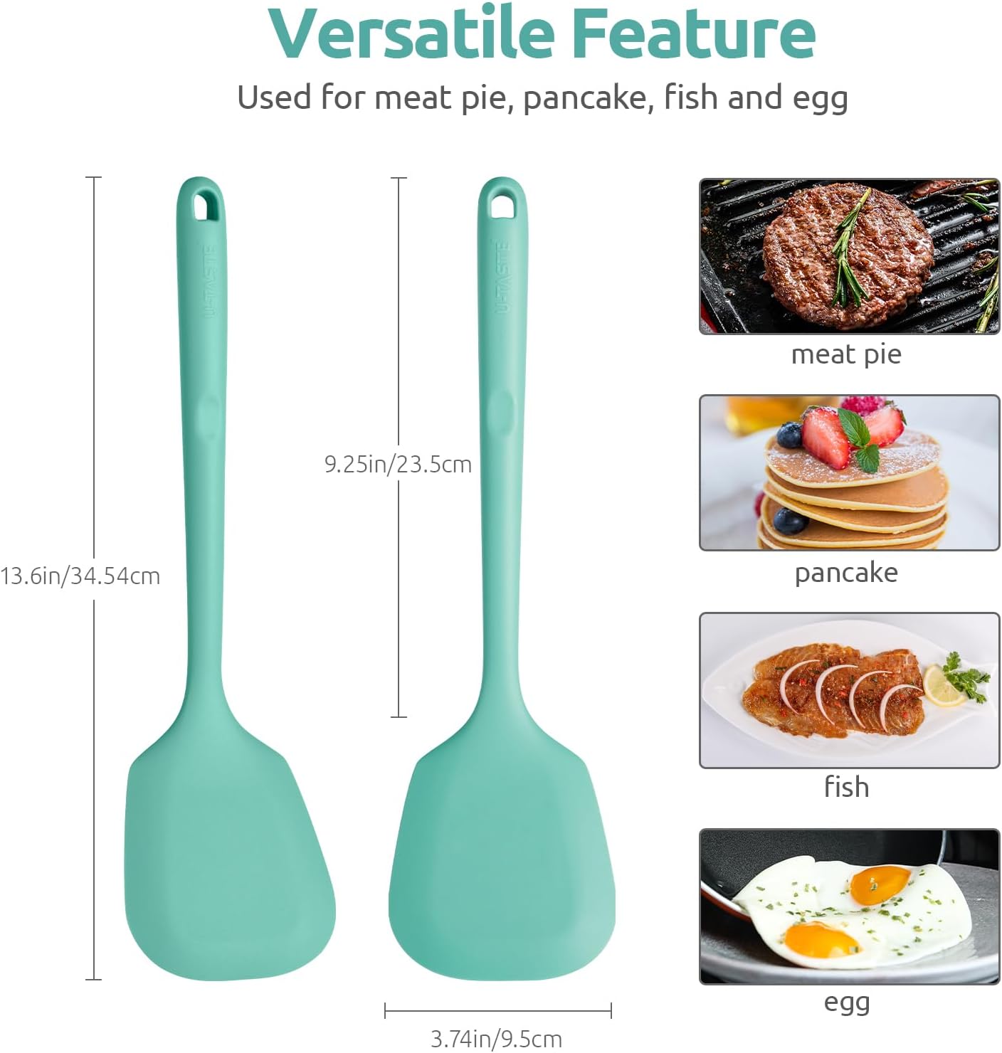 U-Taste Silicone Turner Cooking Spatula, 13.6" Long/3.7" Wide, Aqua Sky | 600ºF Heat Resistant Food Grade Silicone Kitchen Utensils, Flexible Egg Flipper &amp; Pancake Spatula Turner for Non Stick Pans