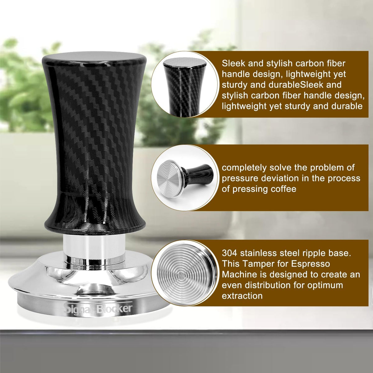 58mm Espresso Coffee Tamper for Espresso Machine: Calibrated Spring Loaded &amp; Stainless Steel Ripple Base - Carbon Fiber Handle with Constant 30lb Fits All 58mm Portafilters | Bundle Including WDT Tool
