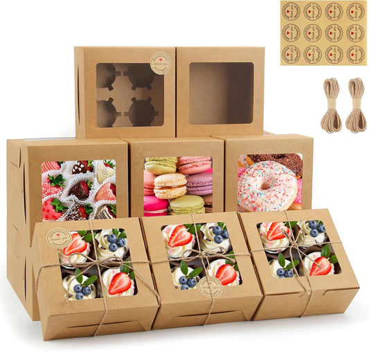 OAMCEG 50 PCS Cookie Boxes with Window, 6x6x3 Inch Cupcake Boxes, Brown Bakery Containers for Pastry, Dessert, Chocolate