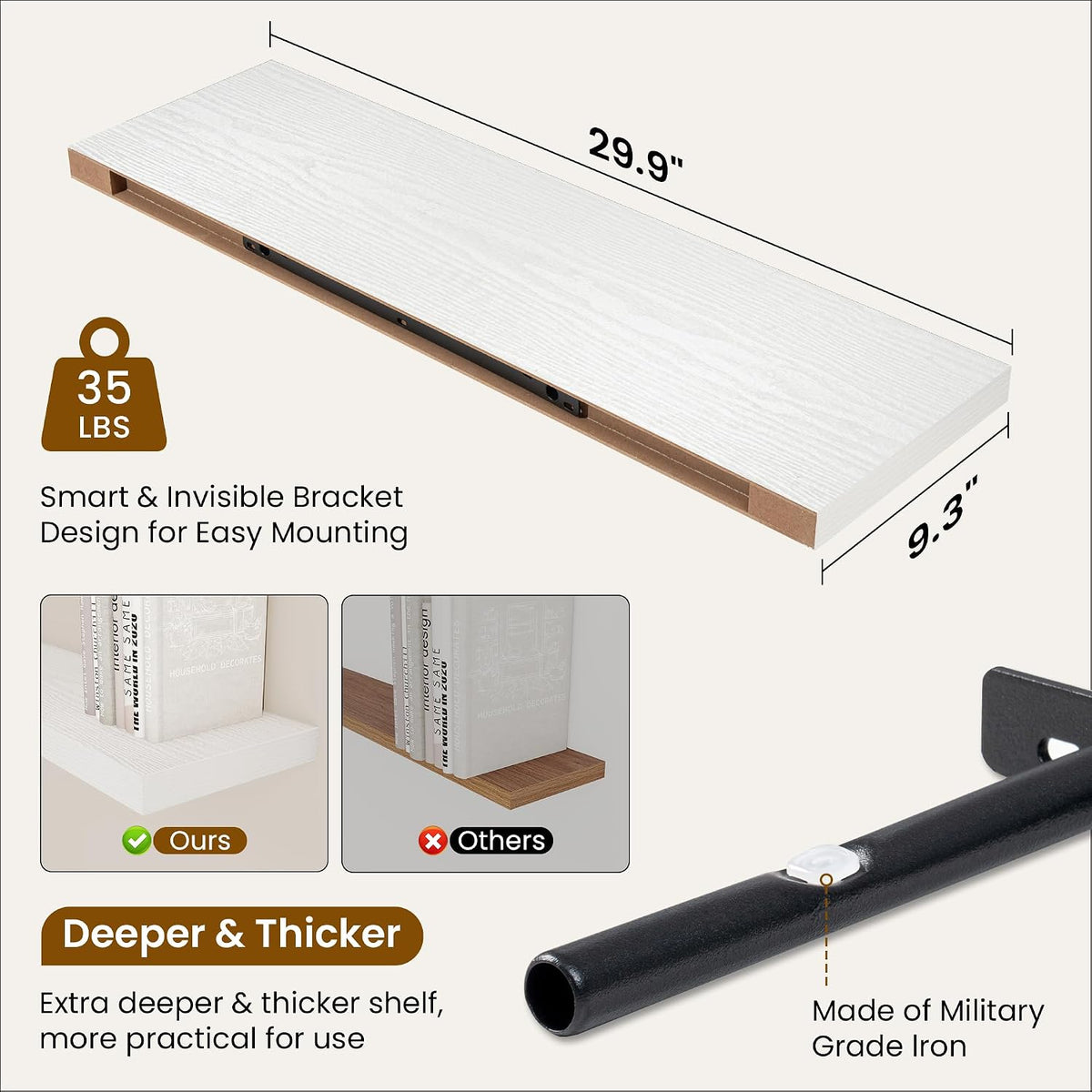 Fun Memories 9.3Inch Deep Floating Shelves for Wall, 30 Inch Rustic Wood Wall Mounted Shelves for Bathroom, Bedroom, Kitchen, Deep Floating Shelf for Storage &amp; Home Decor (White, Set of 2)