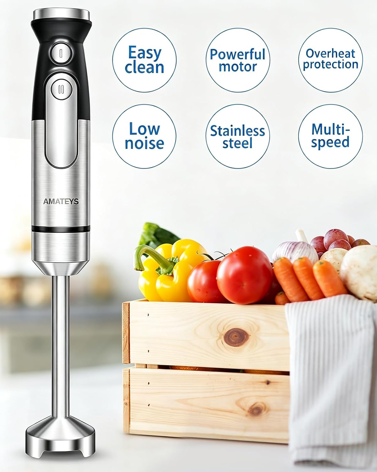 Amateys Immersion Hand Blender, 700W Multi‑Function Kitchen Stick Blender