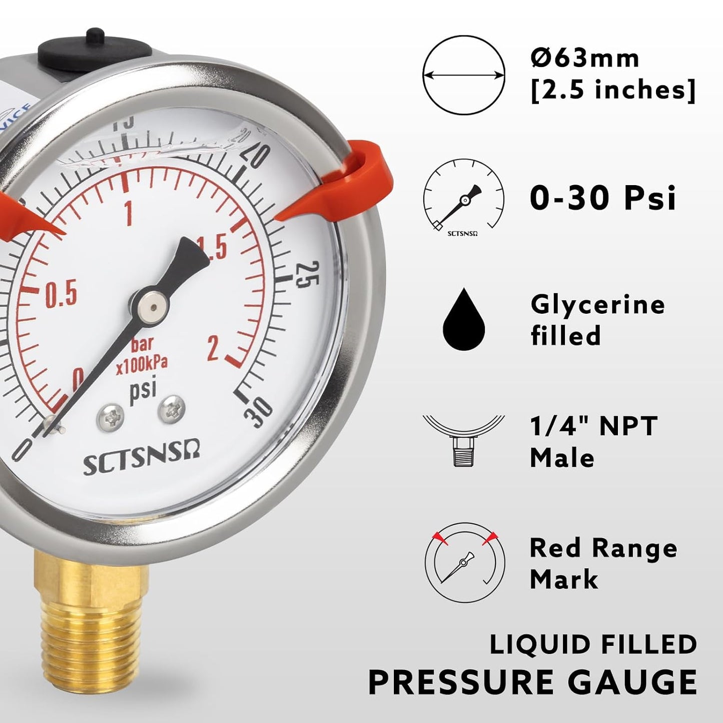 0 to 30 Psi Pressure Gauge, Liquid Filled, 1/4" NPT Lower Mount