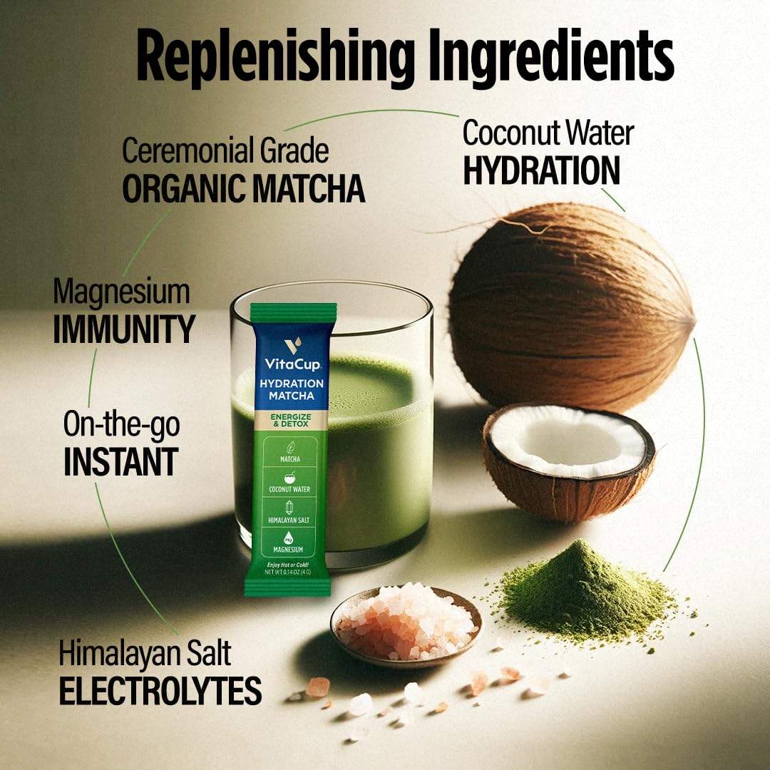 VitaCup Hydration Matcha Instant Packets w/Electrolytes, 20ct | for Natural Energy and Detox, w/Electrolytes, Ceremonial Grade Organic Matcha, Coconut Water, Pink Himalayan Salt, Magnesium