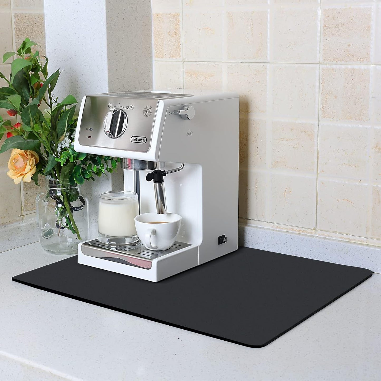 ZLR Coffee Mat - 12" x 16" Small Kitchen Hide Stain Absorbent Dish Drying Mat for Countertop - Easy to Clean Coffee Bar Mat for Espresso Machine and Spill Protection - Black