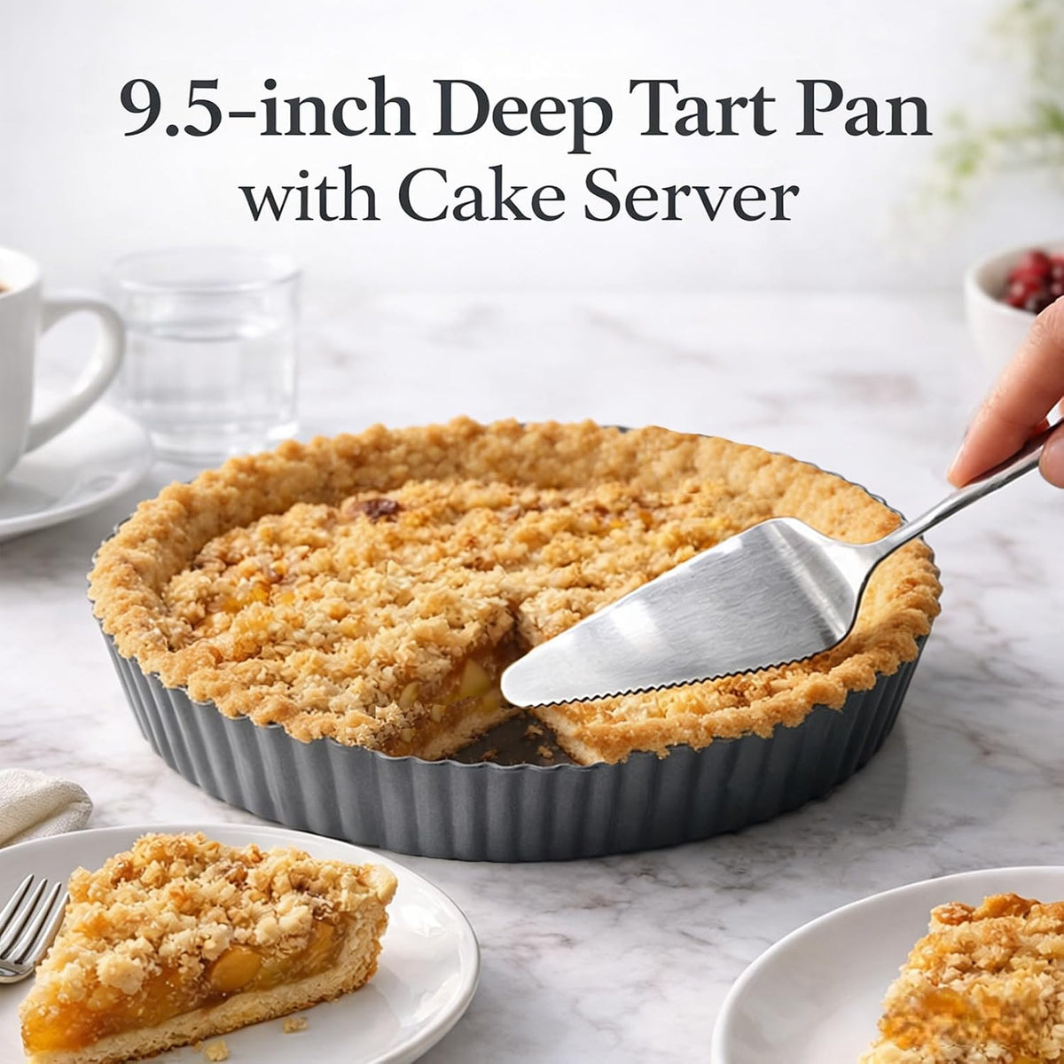 9.5*2.2 Inch Deep Tart Pan w/ Pie Cake Server. Removable Bottom
