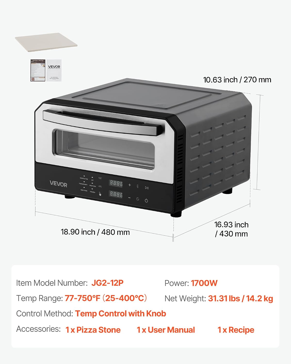 VEVOR Electric Pizza Oven, Smart Pizzas Maker Indoor with 5 Preset, 12-Inch Countertop Pizza Cooker w/Touch Srceen, 750℉ Max Temp, 2-Min Rapid Baking Oven Thin & Crispy, Neapolitan, Frozen, New York