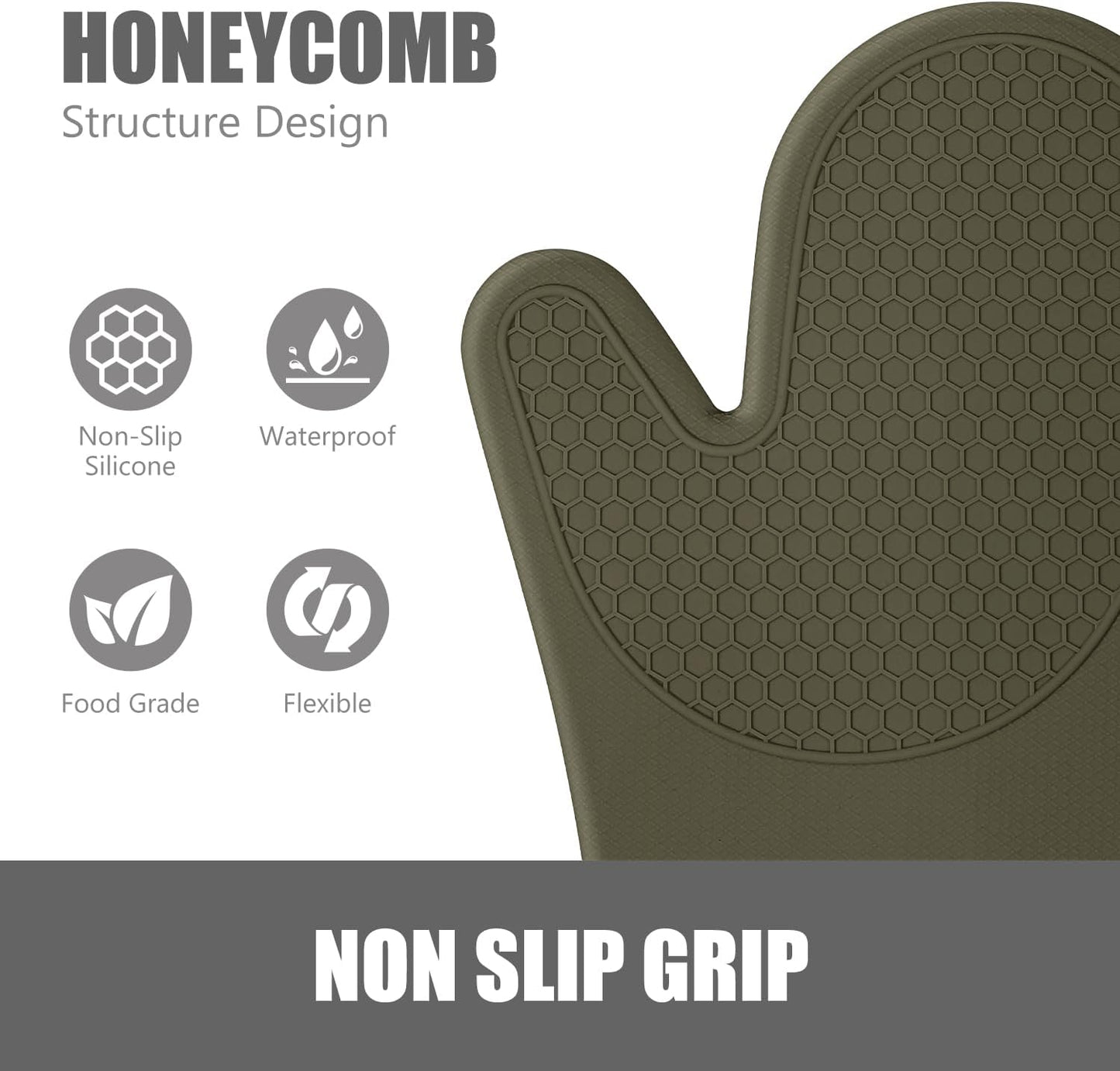 RORECAY Silicone Oven Mitts and Pot Holders Sets, Gloves for Kitchen, Olive | Set of 6 Kitchen Mitts for Baking &amp; Cooking, Heat Resistant 500 ℉, 12.7" Extra Long, Non-Slip &amp; Waterproof, Quilted Cotton