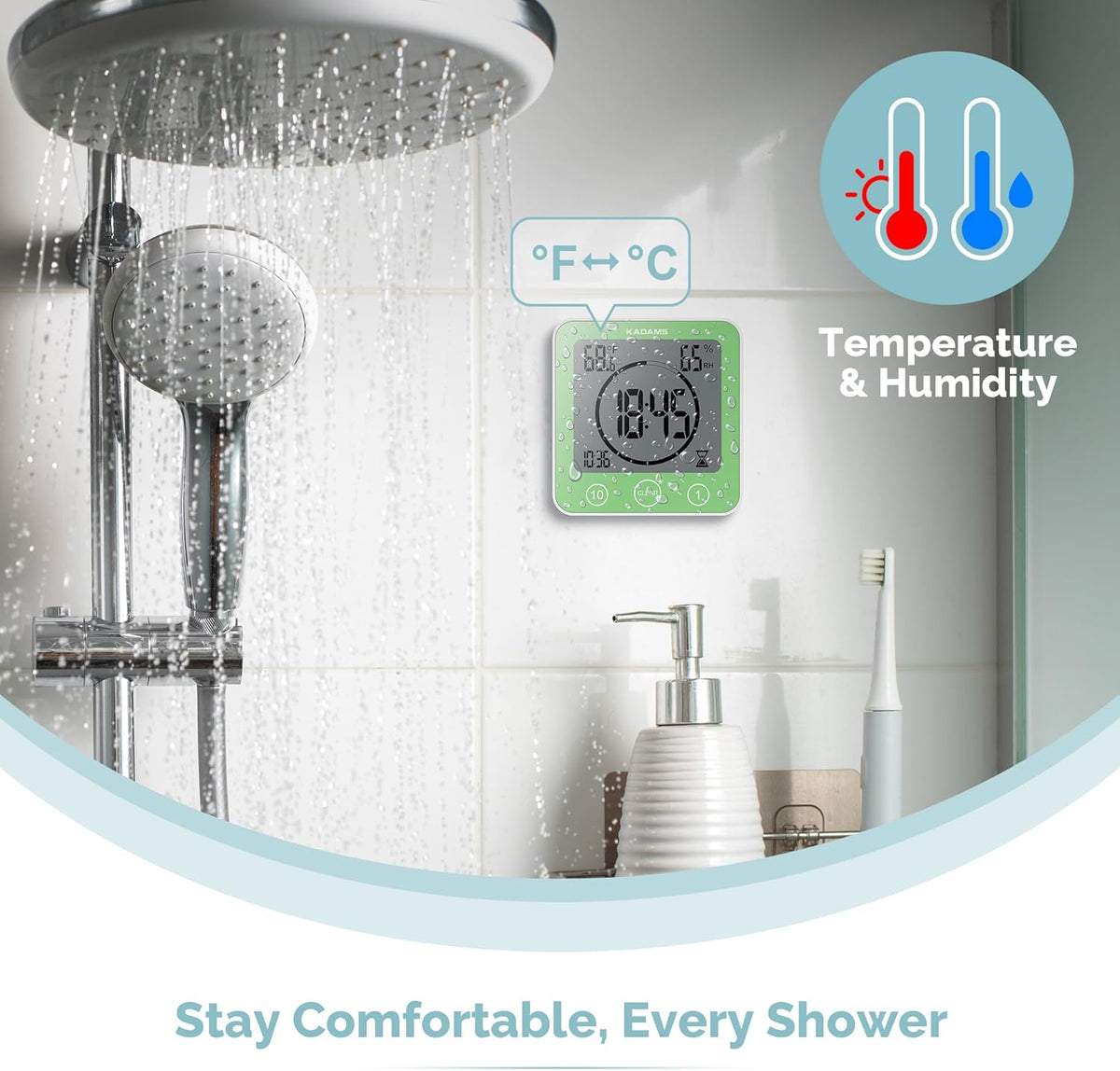 KADAMS Shower Clock Waterproof Bathroom Timer – Digital Wall Clock with Countdown, Magnetic Kitchen Clock with Temperature & Humidity, Suction Cup for Kids Shower Spa Sauna Cook Bath (Green)