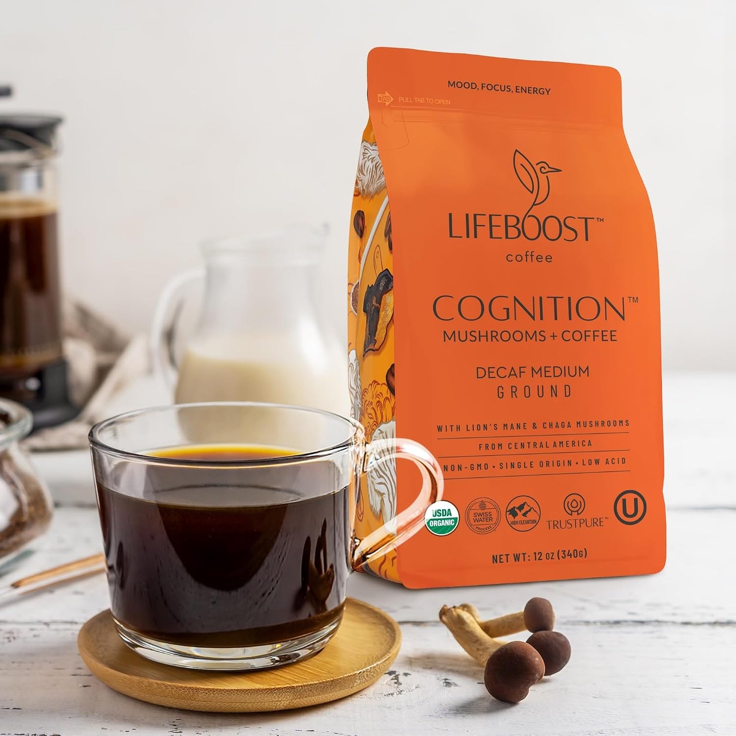 Lifeboost Cognition Decaf Focus Coffee for Calm Energy - Lion’s Mane Mushroom Coffee with Chaga - Organic Medium Roast Decaf Nootropic Coffee - Low Acid Adaptogenic Coffee - 12 oz Ground