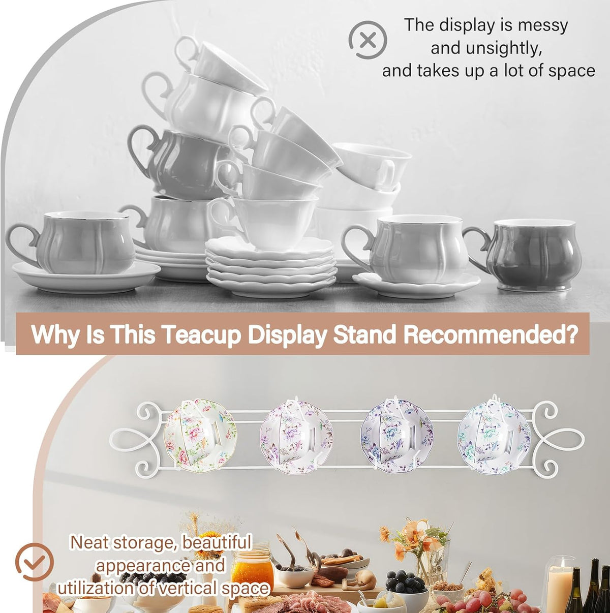 Blulu 2 Pcs Tea Cup &amp; Saucer Display Rack Stands, Wall Mounted, Horizontal