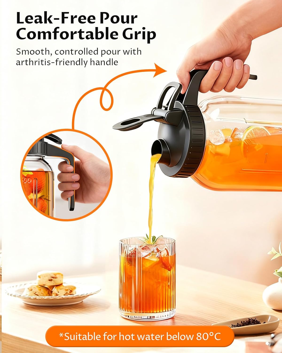 64oz Mason Jar Pitcher, Glass Pitcher with Lid for Tea &amp; Cold Brew | Mason Jar, BPA Free, Leakproof, Fridge/ Dishwasher safe, Ergonomic handle, Flip-cap pour spout, Wide mouth, Versatile