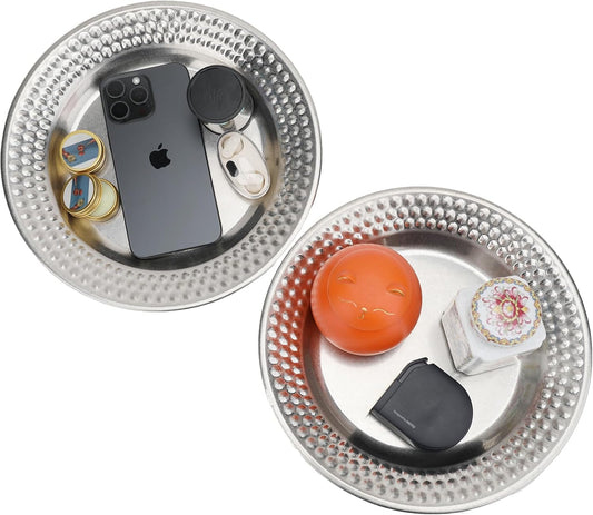 Fermus Set of 2 Round Vintage Metal Tray Diameter 10 1/4 inches, Jewelry Organizer Bathroom Clutter Rustic Decorative Trays
