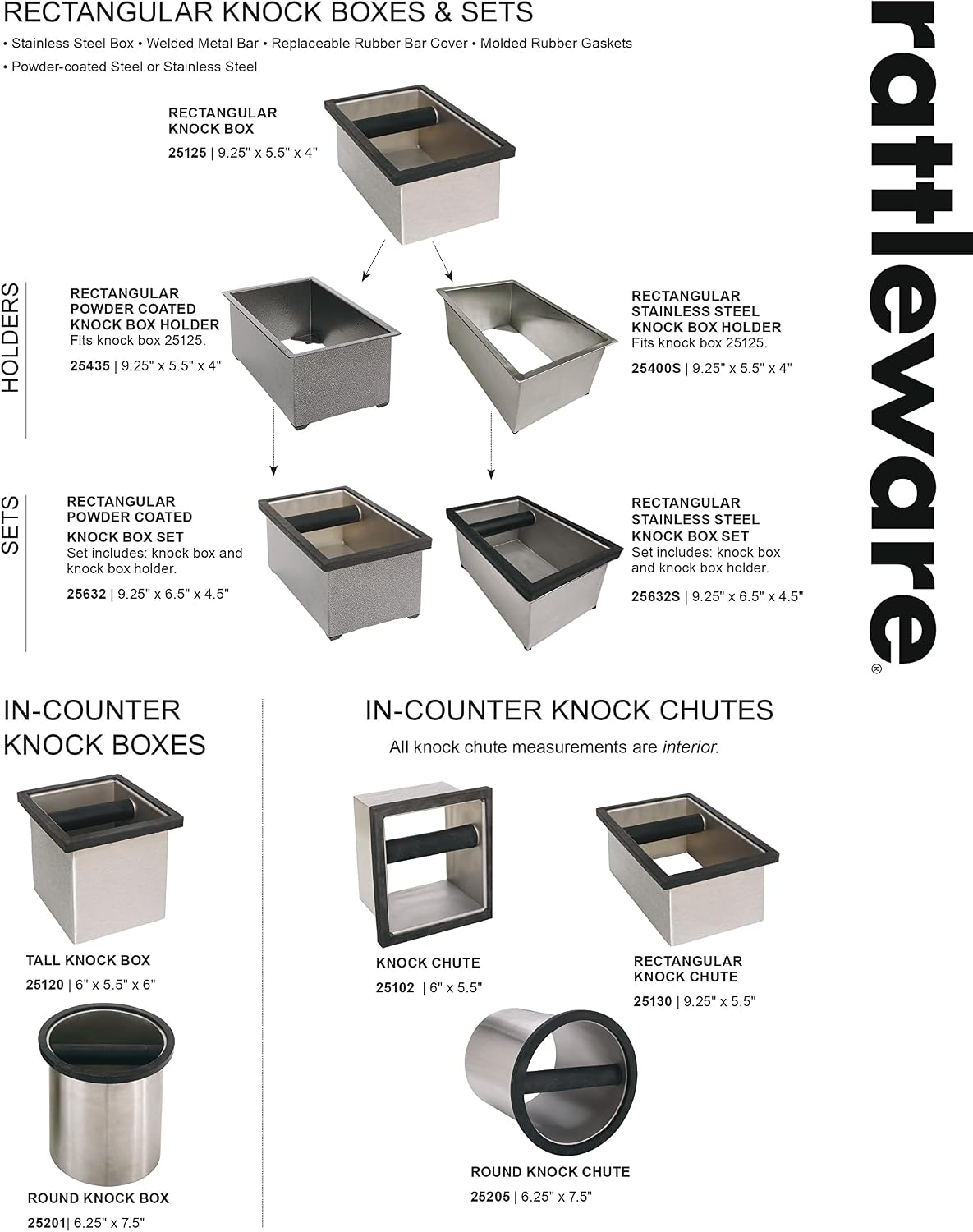 Rattleware Stainless Steel Open Bottom Knock Box Chute with Rubber Bar, 9in