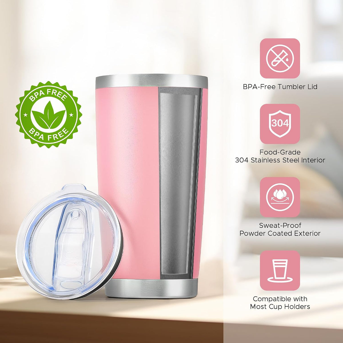OMTech 20oz Tumbler Bulk, 6 pcs Stainless Steel Insulated Mug, Pink | with Lid &amp; Straw | Double Wall Vacuum | for Hot &amp; Cold Drinks | Travel Coffee Mug | for Laser Engravers