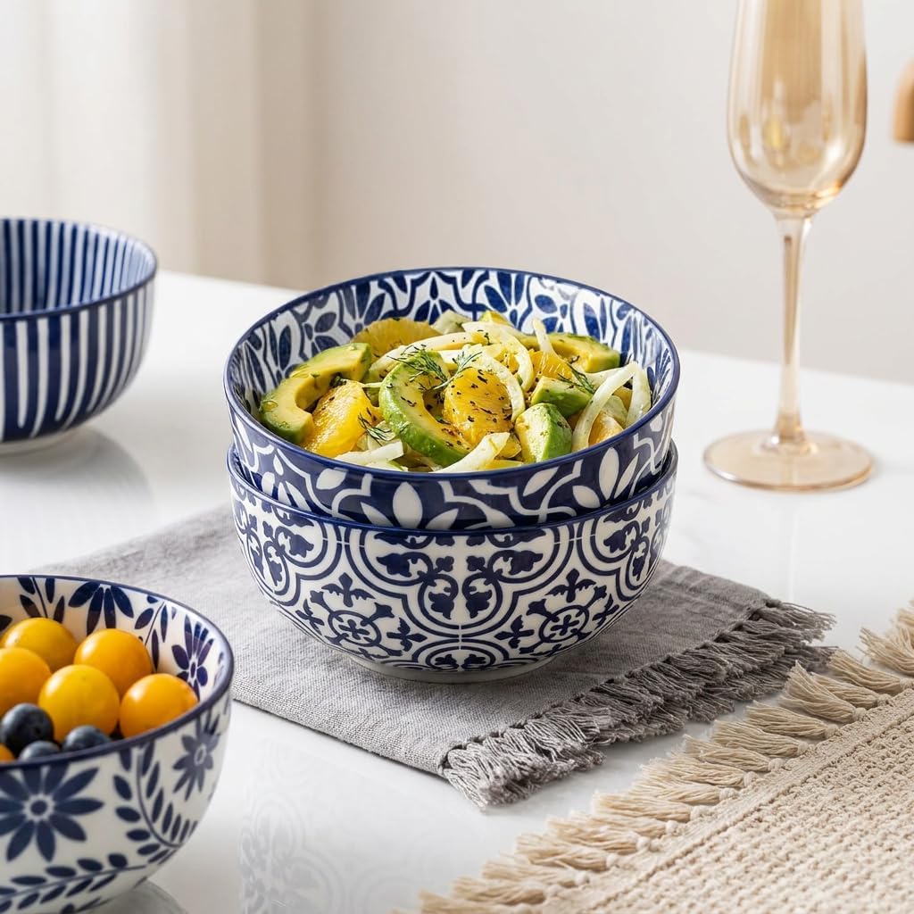 Cereal Bowls, 28 Ounce Ceramic Soup Bowls Set of 6, Large Bowl Set for Rice Salad Fruit Dessert Oatmeal Snack Ice Cream,Microwave &amp; Dishwasher Safe, Blue &amp; White