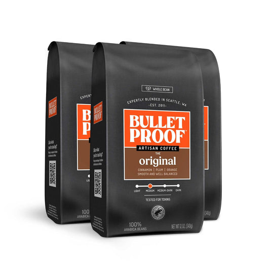 Bulletproof Original Medium Roast Whole Bean Coffee, 12 Ounces (Pack of 3), Clean Coffee Tested for Toxins, Packaging May